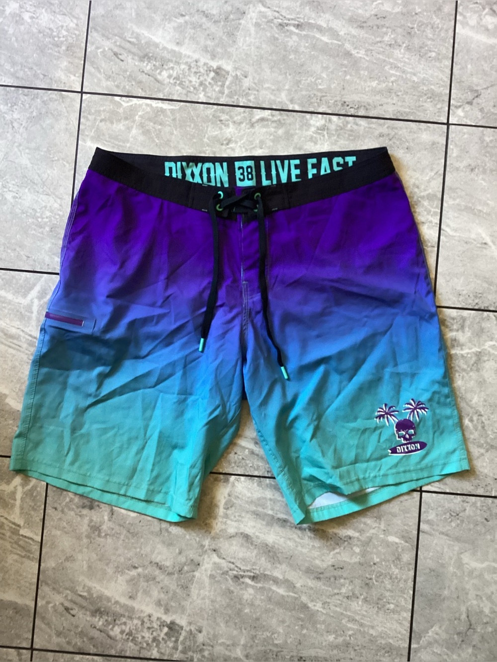 Dixxon Flannel Co Mens 38 Board Shorts Purple Teal Ombre Skull Palm Tree Trunks